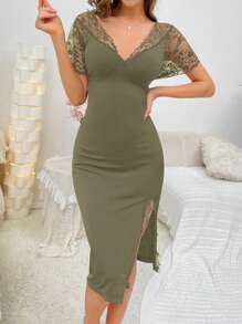 Women's Lace Patchwork High Slit Pajama Night Dress