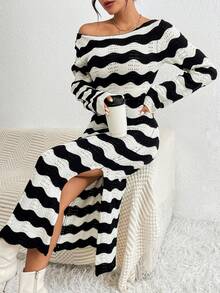 SHEIN Privé Boat Neck Wave Pattern Split Hem Sweater Dress - Black and White - View 4