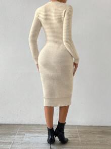 SHEIN Privé Màu thuần Đầm Áo len - Màu be - Xem 2