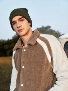 In My Nature Men Contrast Raglan Sleeve Striped Trim Outdoor Fleece Jacket - Khaki - View 5