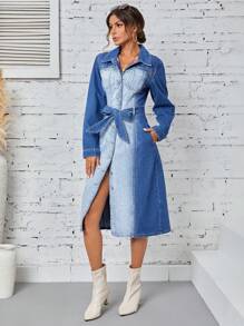 SHEIN Privé Damen-jeanshemdkleid Mit Gürtel - Mittele Waschung - Übersicht 4