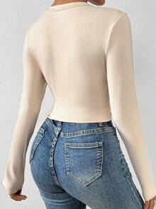 SHEIN Essnce 圓領純色修身長袖 T 卹 - 杏色 - 查看 2