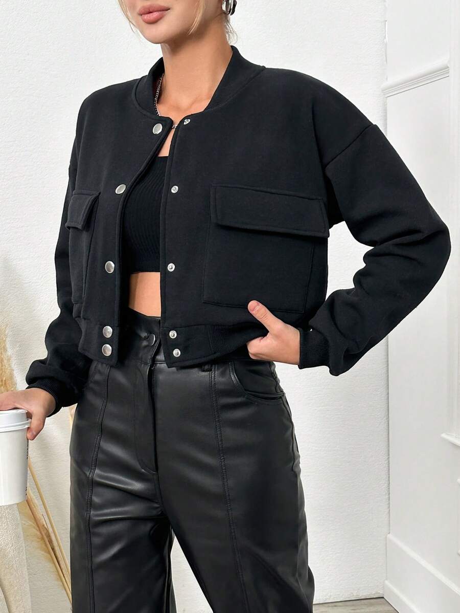 SHEIN Cottnline 女式翻蓋棒球夾克 - 黑色 - 查看 1