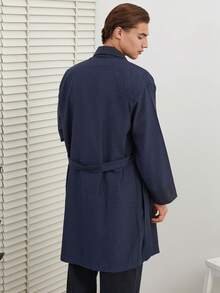 RueChic Men's Shawl Collar Tie Belted Bathrobe - Navy Blue - View 2