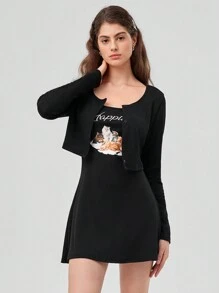 Forever 21 Cat And Text Print Crop Top And Strap Dress Two-piece Set - Black - View 1