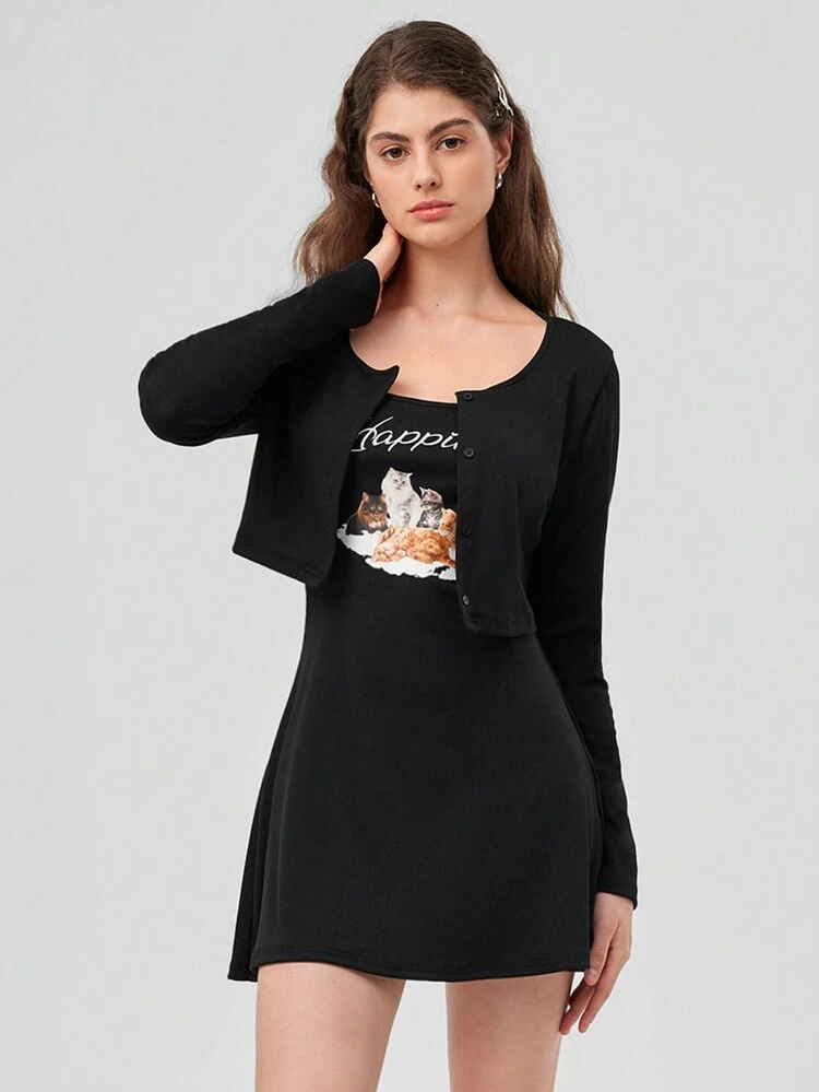 Cat And Text Print Crop Top And Strap Dress Two-piece Set