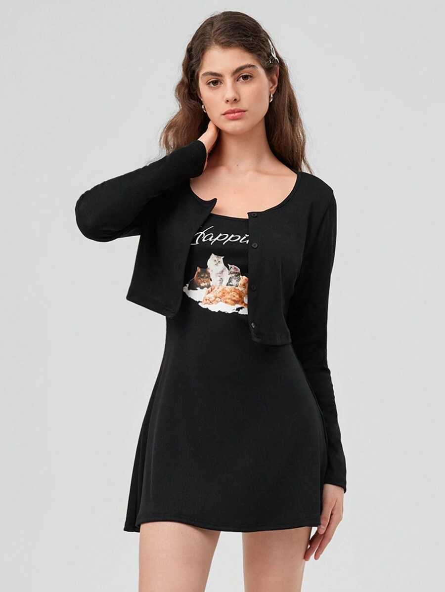 Forever 21 Cat And Text Print Crop Top And Strap Dress Two-piece Set - Black - View 1