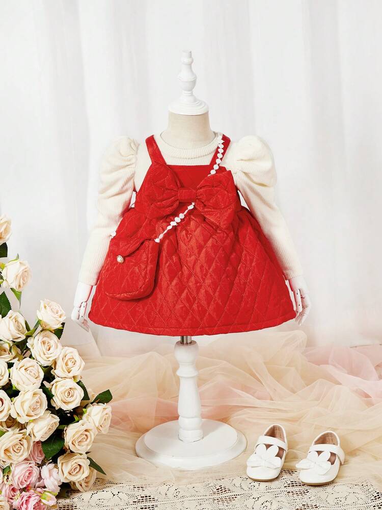 Baby Girls' 3pcs Bow Knot Strap Dress, T-Shirt And Bag Set