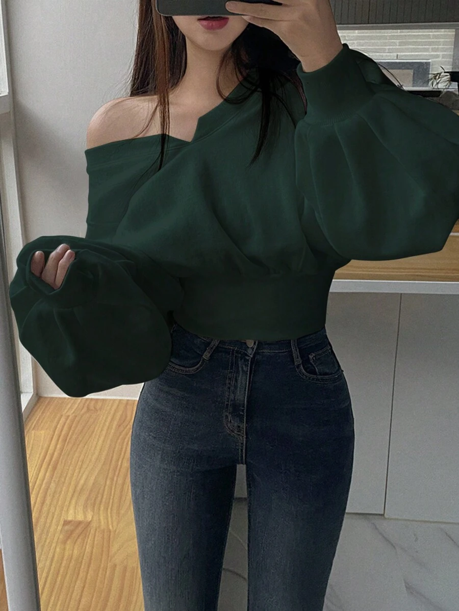 DAZY 纯色缺口领短款运动衫、长袖上衣、秋季女装