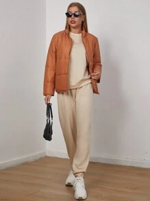 SHEIN Unity Women's High-Neck, Thick And Warm Coat, Long-Sleeved T-Shirt And Trousers Three-Piece Set For Daily Wear In Autumn And Winter