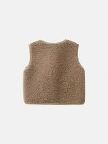 Baby Girls' Solid Color Sleeveless Jacket With Flower Decoration, For Autumn/winter - Brown - View 2