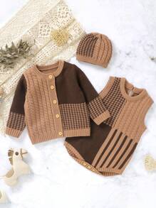 嬰兒男童千鳥呢針織開襟衫、毛衣背心和帽子套裝 - 咖啡棕 - 查看 1