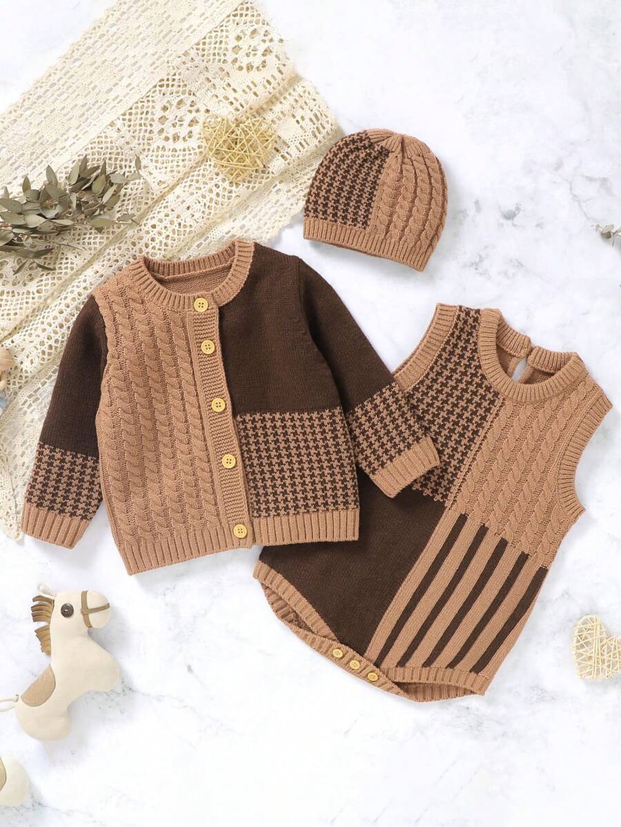 嬰兒男童千鳥呢針織開襟衫、毛衣背心和帽子套裝 - 咖啡棕 - 查看 1