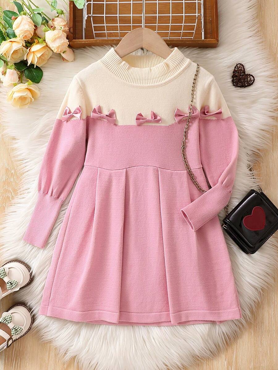 SHEIN Nhỏ bé Cô gái Tương phản Màu sắc Nơ Đầm Áo len - Màu Hồng baby - Xem 1