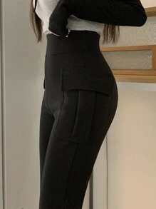DAZY 女士休闲纯色工装裤，女士深秋休闲口袋，开叉自然紧身长款黑色粘胶常规版型女裤，休闲日常穿着 - 黑色 - 查看 5