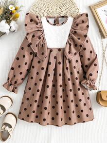 SHEIN Nhỏ bé Cô gái In vết tròn Polka Ruffle Đầm - Cà phê - Xem 3