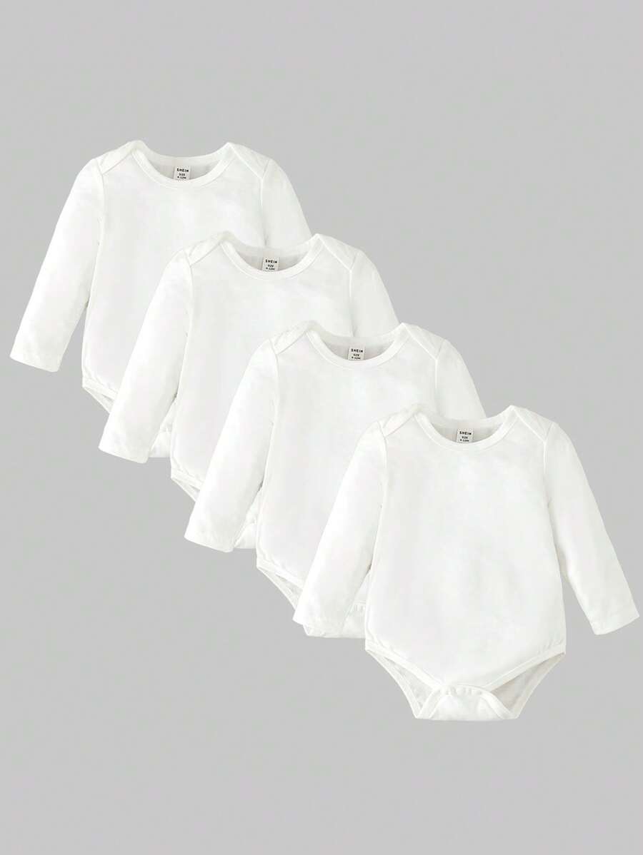 SHEIN Playful Pals 嬰兒男寶寶4件裝長袖連體衣 - 白色 - 查看 1