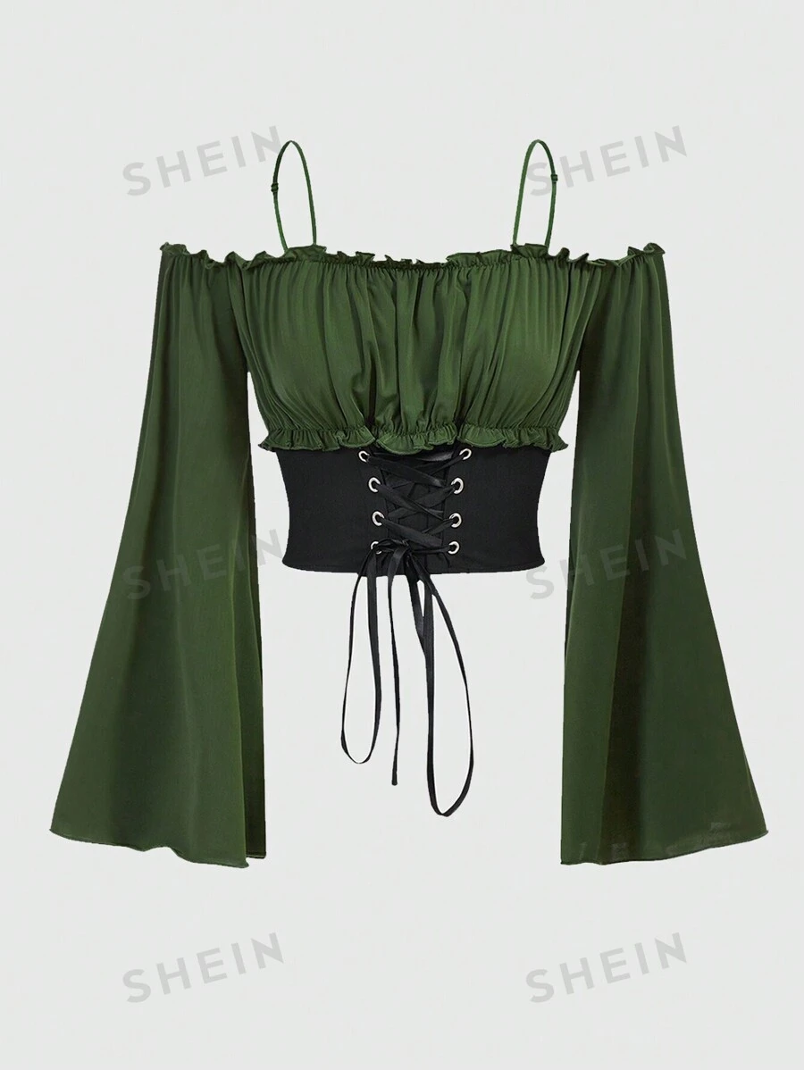 ROMWE Fairycore Top corto de tirantes verdes para mujeres - Verde militar - Ver 1