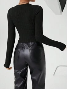 SHEIN Essnce 女款四分之三袖圓領套頭t卹 - 黑色 - 查看 2