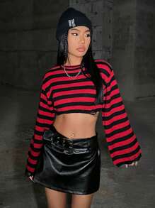 Muchica Casual Striped Flared Sleeve Cropped Sweater, Autumn