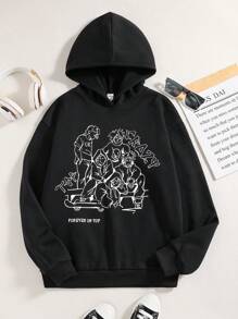 Teenage Boys' Street Style Hooded Knitted Sweatshirt With Letter Print - Black - View 1