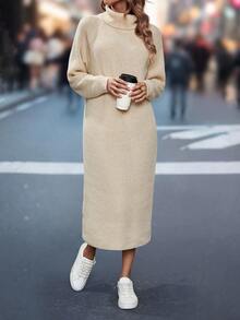 SHEIN Essnce Turtleneck Raglan Sleeve Sweater Dress Without Waist Belt - Apricot - View 4