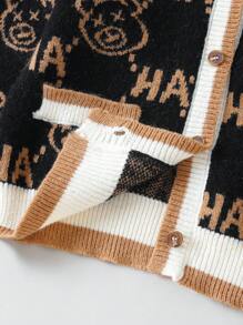 SHEIN Cárdigan Color Block Con Estampado De Letras Y Estampado De Oso Para Niño Pequeño Con Ribete De Canalé