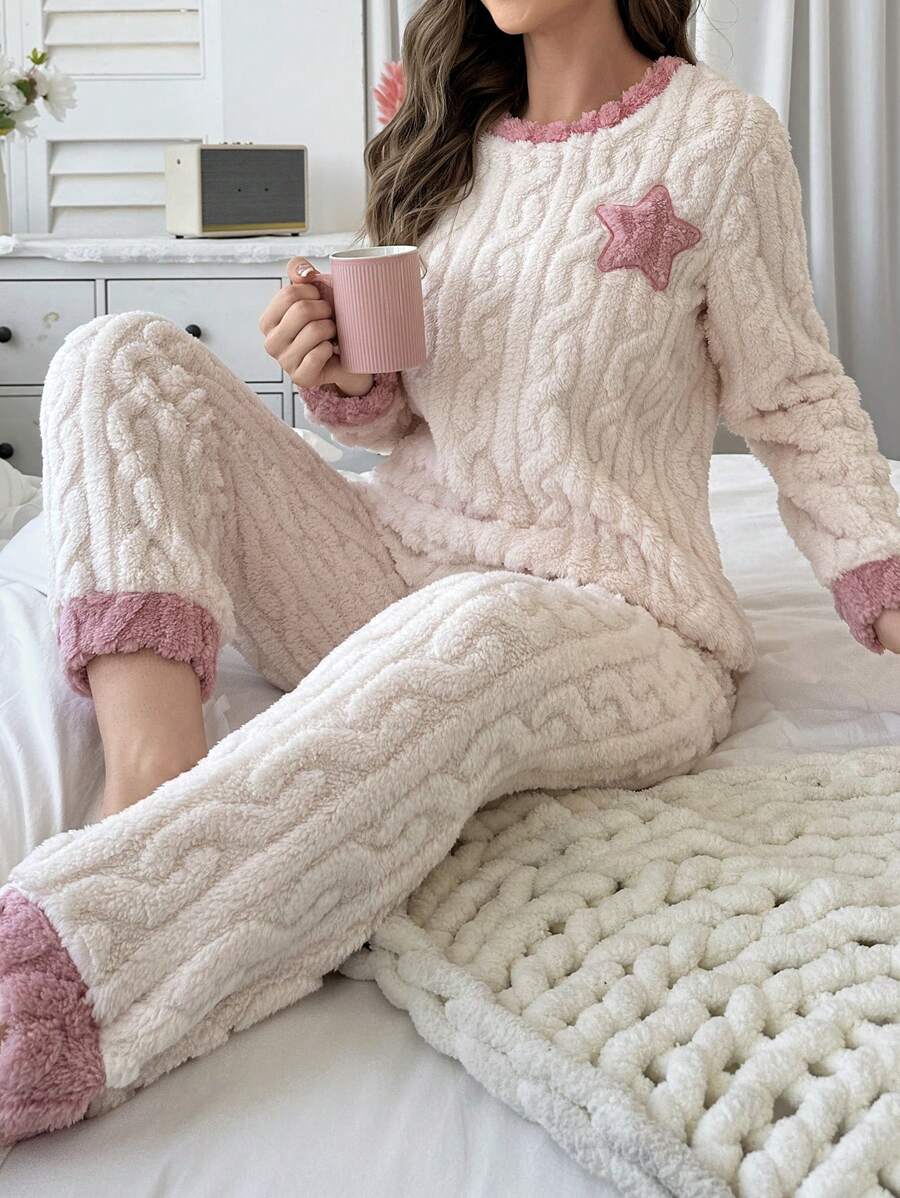 Conjunto de pijama de dos piezas con bordado de estrellas, suave y esponjoso, ropa de otoño e invierno, acogedor - Albaricoque - Ver 1