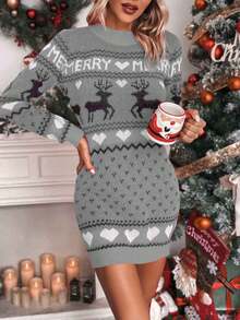 SHEIN Essnce Mẫu giáng sinh Đầm Áo len - Xám - Xem 3