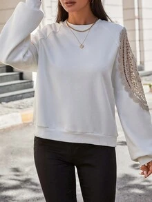 EURMUSE 蕾絲拼接插肩袖運動衫 - 白色 - 查看 3