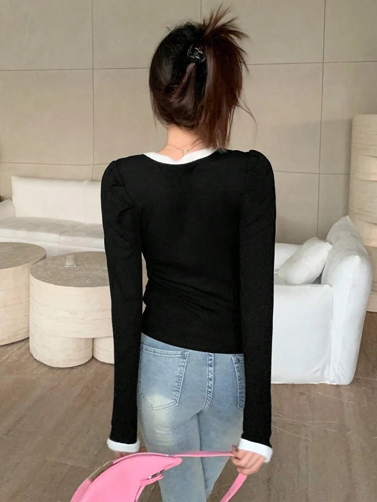 Women's Colorblock Puff Sleeve T-Shirt Long Sleeve Women Tops