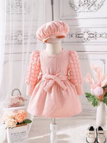 Baby Girls' Pink Textured Knitted Dress And Hat - Pink - View 8