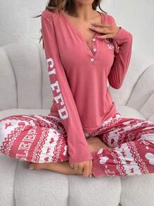 Women's Letter & Heart Printed Pajama Set Cozy And Elegant Details, Fall Winter Clothes - Watermelon Pink - View 6