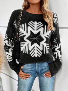 SHEIN LUNE 毛茸茸的毛衣,帶有雪花圖案,掉肩圓領款式 - 黑色 - 查看 5