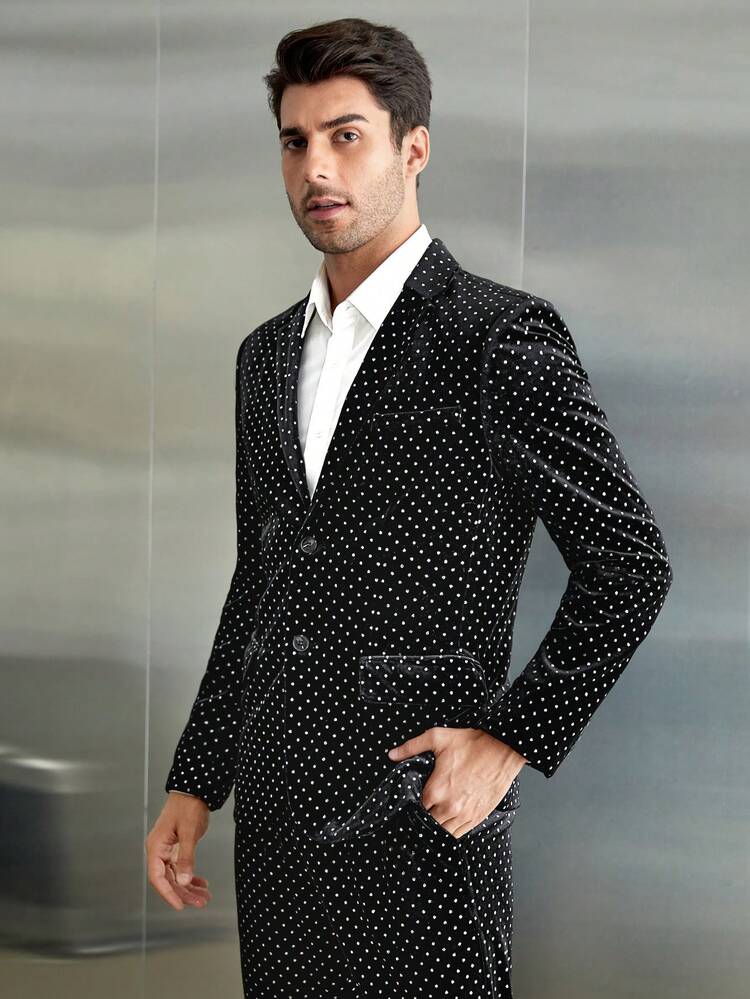 Men's Black Velvet Blazer With Polka Dots