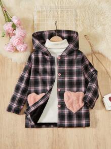 SHEIN Toddler Girls' Plaid Fleece Patchwork Hooded Coat For Autumn/winter