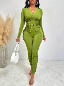 Zolique 純色鈕扣前開衫配束邊上衣和緊身褲套裝 - 綠色 - 查看 6