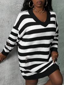 Slaydiva Kích thước lớn Khối màu Sọc Chi tiết đau khổ Đầm Áo len - Đen và trắng - Xem 3