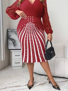 SHEIN Clasi Plus Size Polka Dot & Striped Print Bodycon Skirt - Red and White - View 5