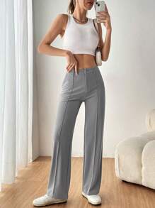 SHEIN EZwear 秋冬女士纯色西装裤 - 灰色 - 查看 5