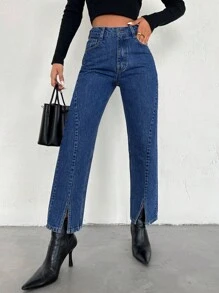 EURMUSE Split Hem Straight Leg Jeans - Blue - View 5