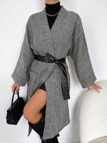 SHEIN Cottnline Herringbone Print Drop Shoulder Belted Overcoat - Grey - View 5