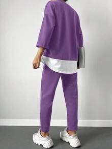 Cottnline 2 piezas Conjunto casual para mujer: Camiseta de manga 3/4 con cuello redondo y hombros caídos en color contrastante y pantalones - Morado - Ver 2