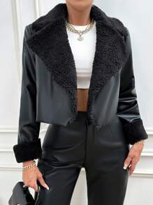 SHEIN Allurite Short Mixed Color Jacket With Large Lapel Collar For Casual Wear - Black - View 4