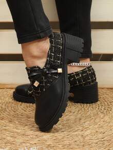 秋冬新品格子拼花蝴蝶結女式正裝鞋厚底高跟復古樂福鞋 - 黑色 - 查看 3