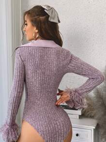 SHEIN Privé 女式翻領毛邊下擺連身衣 - 粉色 - 查看 2