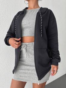 RueChic Women's Hooded Drawstring Sweatshirt Shirt - Dark Grey - View 3