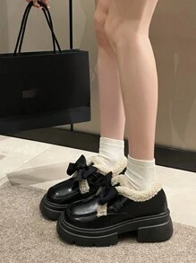 Fashionable Women's Round Toe Loafers With Bow Knot, Wedge & Platform Thick Bottom, Waterproof - Black - View 3