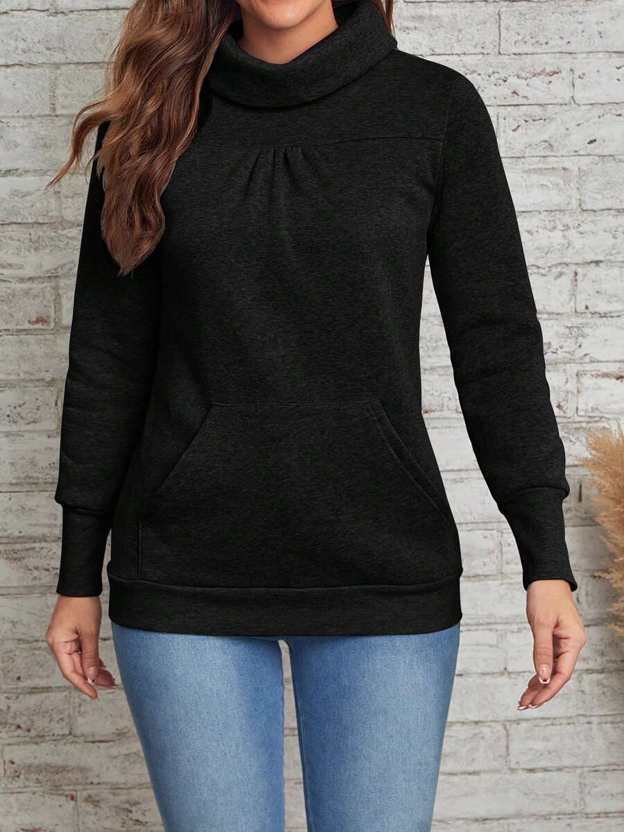 EMERY ROSE Women's High Neck Solid Color Sweatshirt With Pleats - Black - View 1