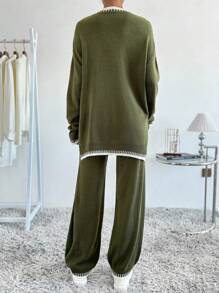 SHEIN LUNE Jersey ribete en contraste de hombros caídos con pantalones tejidos - Verde - Ver 2